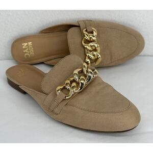 Madden NYC Mule Slip On Flats Tan with Gold Chain Accent 9